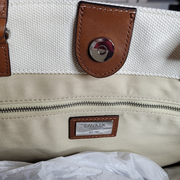 NWT Lauren Ralph Lauren LORA Large Striped Double Handled Cream Canvas Tote Bag - Picture 8 of 10